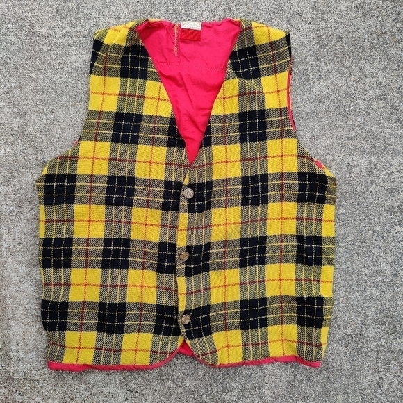 Vintage Lions Club Plaid Portland OR Central East Side Yellow Black Wool Vest XL - Picture 4 of 9